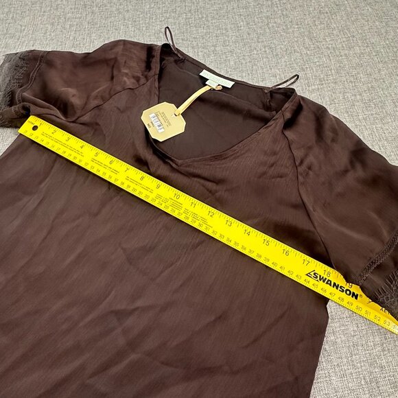 NEW Ryegrass Silky Top Brown Lace Sleeves Round Neck $60 Small Blouse Semi-sheer - Picture 6 of 10